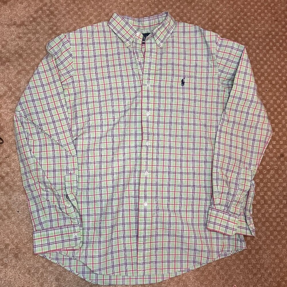 Ralph Lauren Custom Fit Button Up Shirt Spring Green Plaid Men's Size L Summery